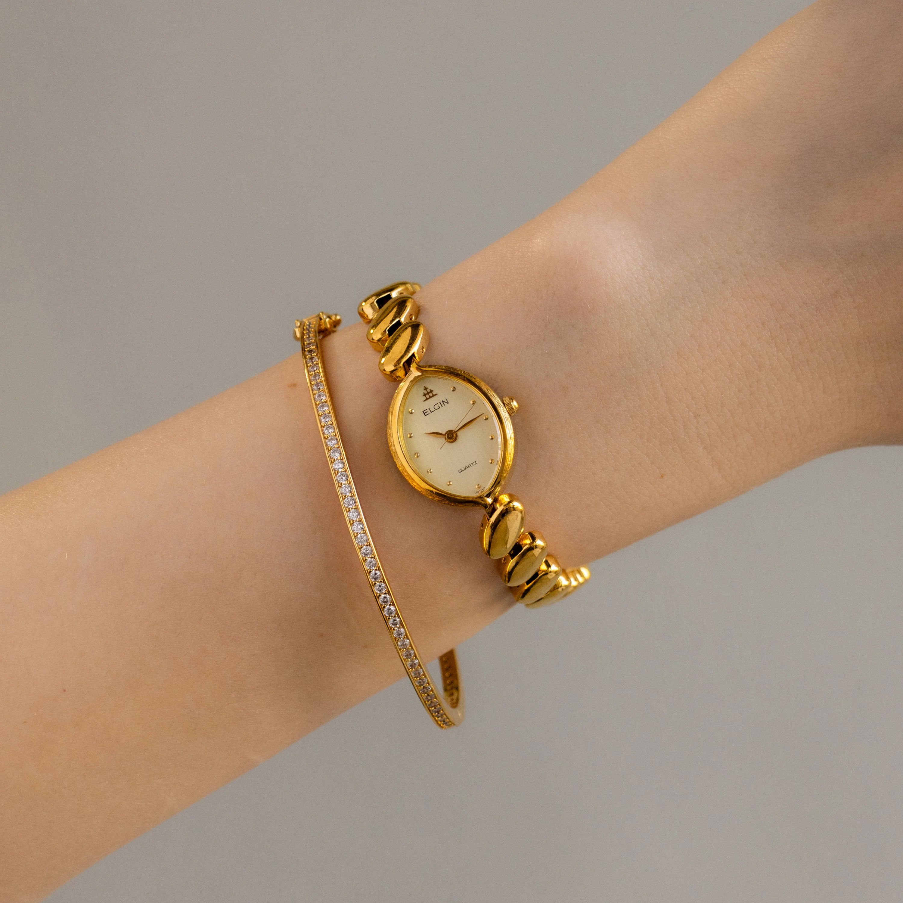 Vintage Elgin Oval Beaded Gold Watch